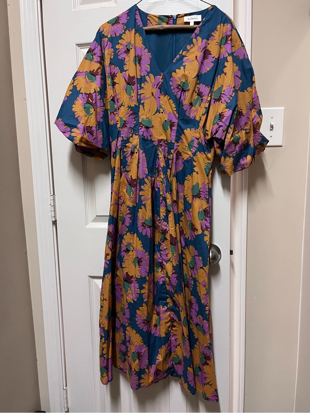 Bohme Floral V-Neck Midi Dress in Teal with Mustard & Purple Bloom